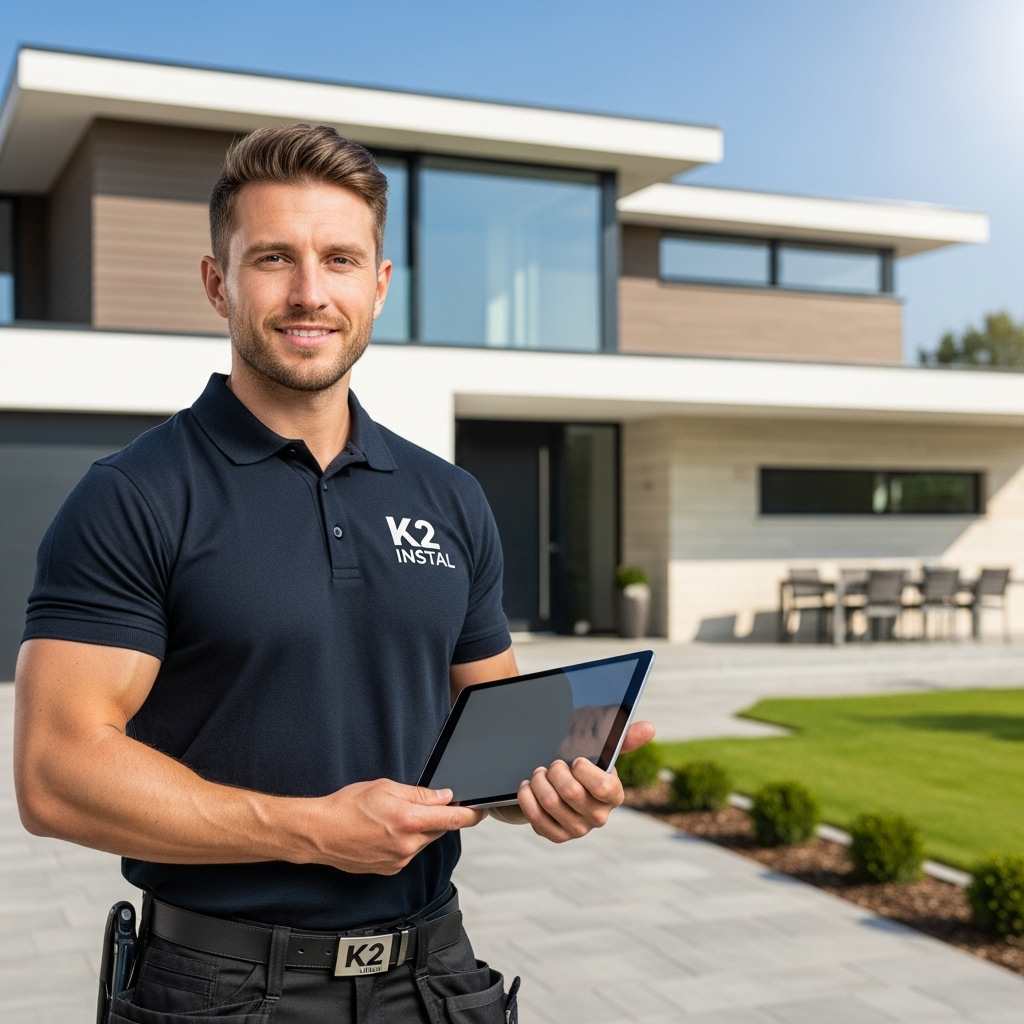 Technik firmy K2 Instal z tabletem, stojący przed nowoczesnym domem jednorodzinnym – specjalista od instalacji smart home.