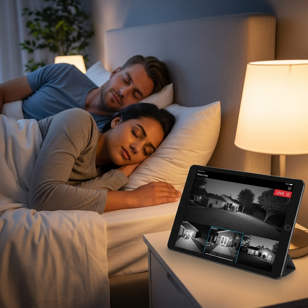 Para śpiąca w łóżku, a na stoliku nocnym tablet z podglądem z monitoringu domu — bezpieczeństwo dzięki systemowi kamer od K2 Instal.