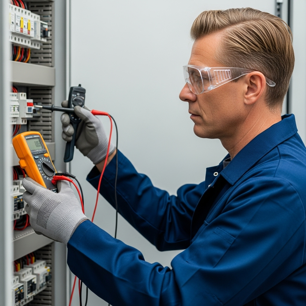 Elektryk K2 Instal wykonuje pomiary napięcia w rozdzielni – instalacja systemu smart home.