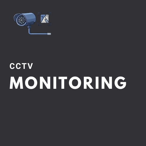 System monitoringu CCTV – grafika reklamowa firmy K2 Instal z ikoną kamery i napisem „CCTV Monitoring”