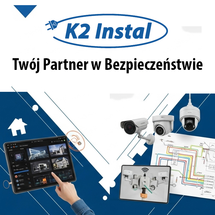 Grafika promująca usługi monitoringu i instalacji systemów bezpieczeństwa K2 Instal z kamerami, schematem i tabletem